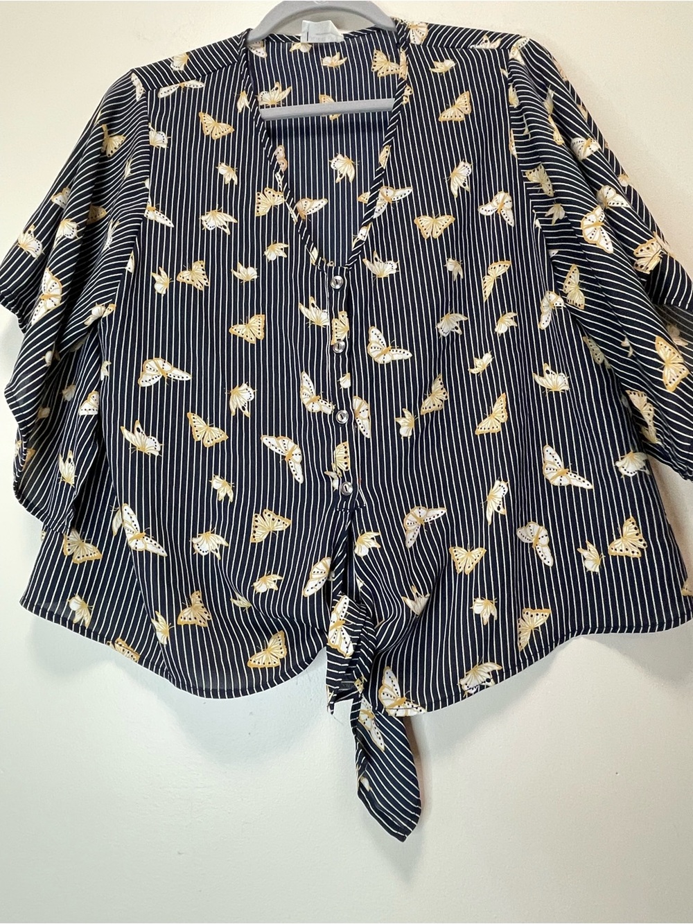 Sienna Sky Navy Blue Striped Butterfly Print Button Up Front Tie Blouse Top L @